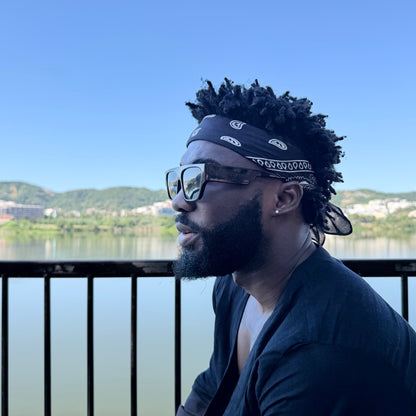 Lakeside profile — flat-top silhouette over a bandana